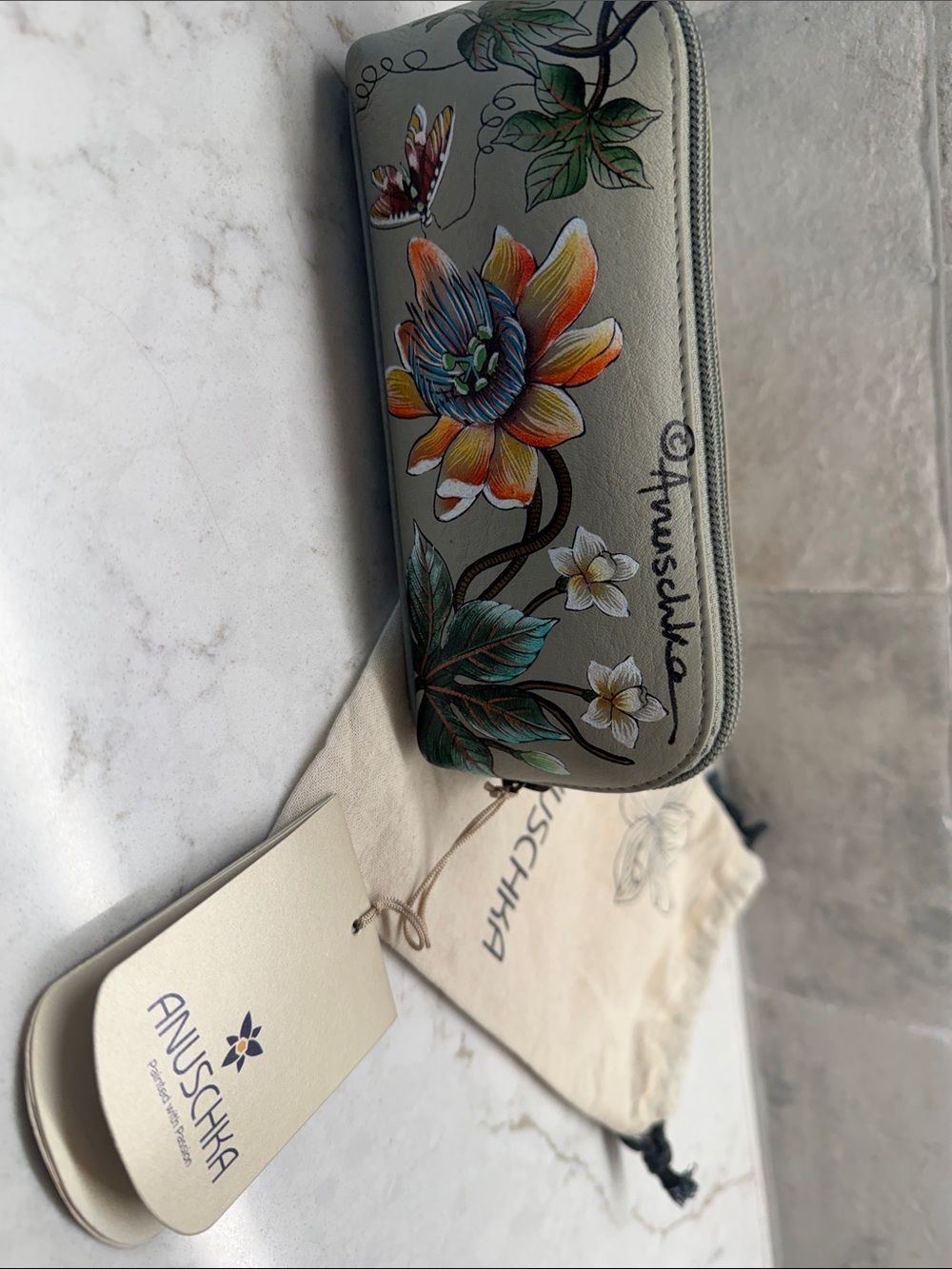 Anuschka Sage Hand-Painted Floral Zip cosmetics or glasses pouch